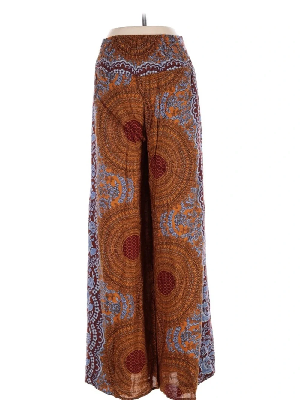 Boho Paisley Wide Leg Pants XS Burgundy Orange Cotton Blend Festival Pants